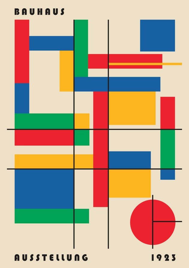 Bauhaus poster with geometric design and text on a beige background framed