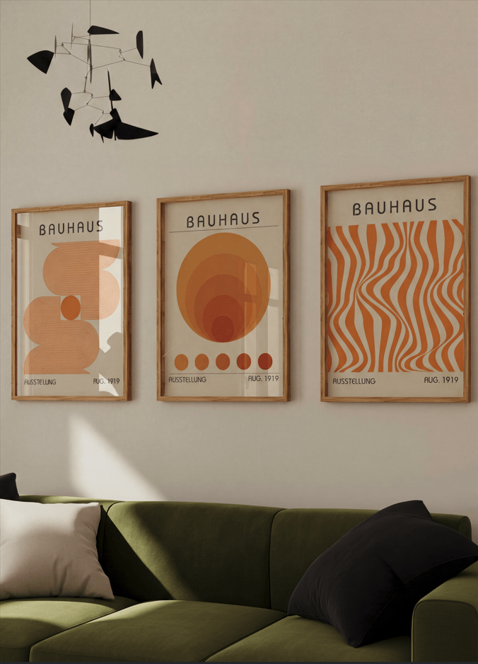 Bauhaus Orange Trio Abstract Wall Art Set wall - art - picture - poster