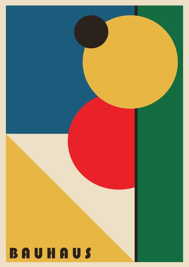 Geometric design with circles and a triangle on a blue, yellow, red, and green background, featuring the word 'Bauhaus'. framed