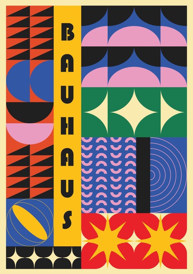 Bauhaus-style poster with geometric patterns and bold colors on a beige background framed