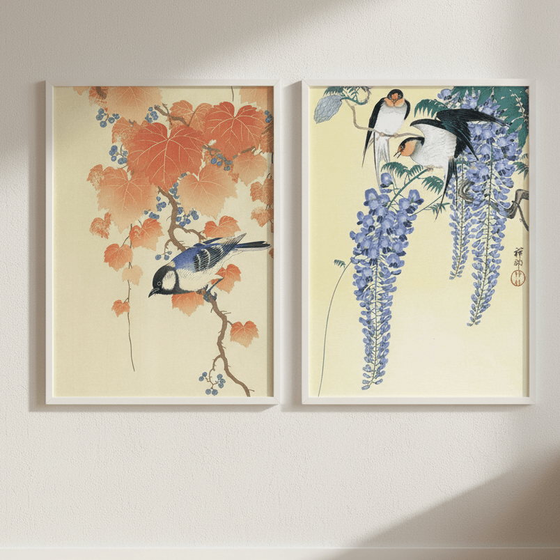 Bird and Swallow Set of 2 Japanese Woodblock Prints by Ohara Koson wall - art - picture - poster