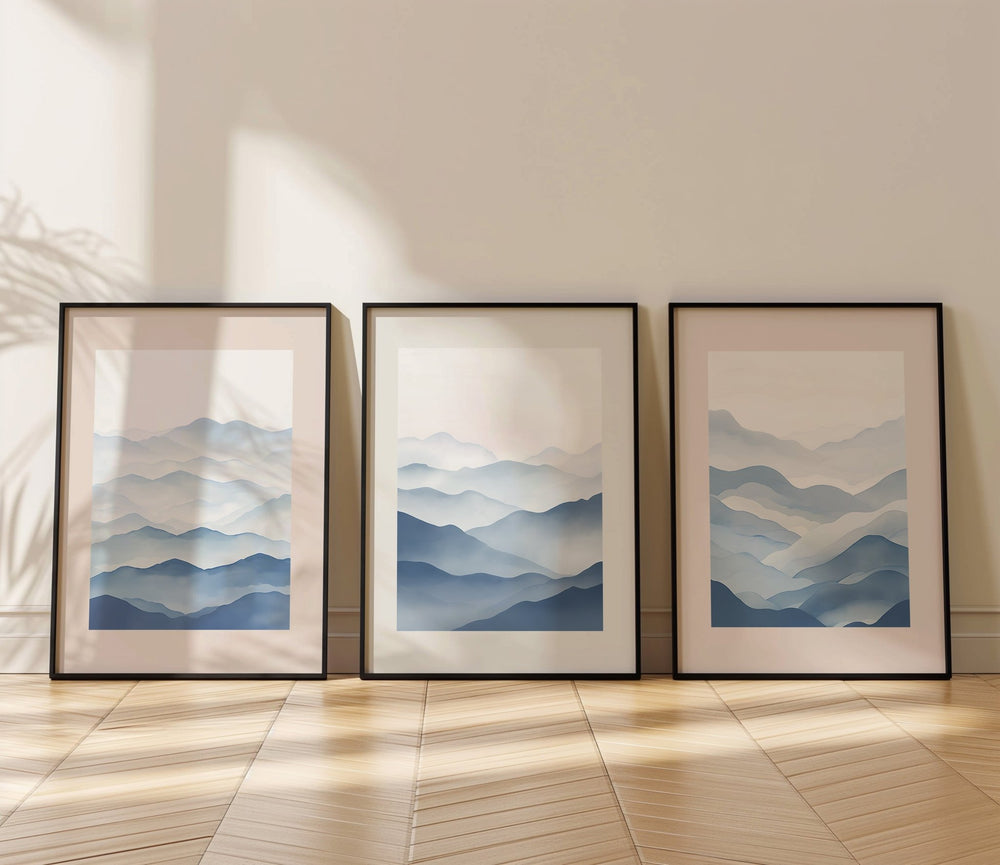Blue Abstract Ocean Prints,gallery wall,black border