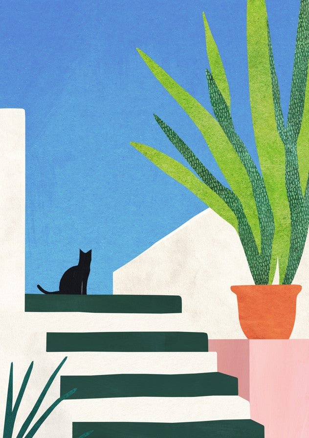 Cat sitting on steps with a potted plant against a blue sky, framed