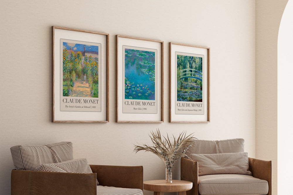 Claude Monet Set of 3 Wall Art Trio,livingroom,timber border