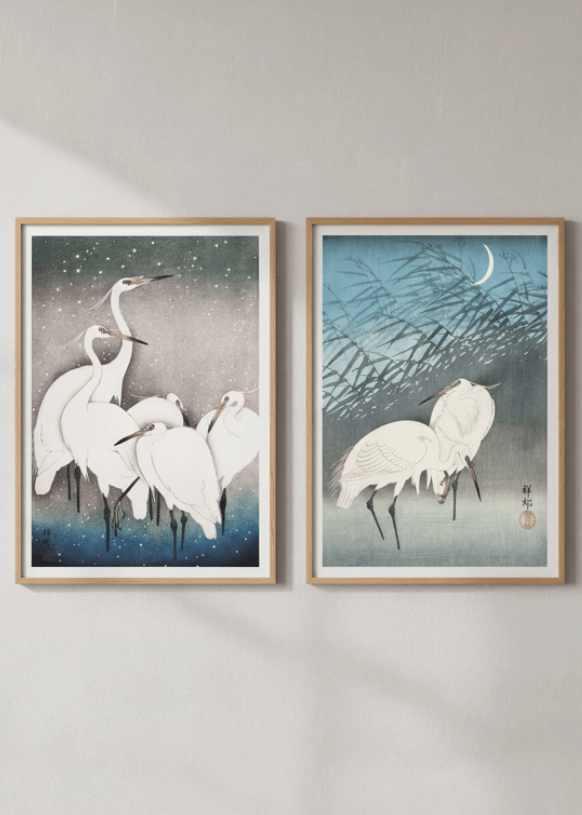 Egret Japanese Birds Woodblock Prints Set of 2 by Ohara Koson wall - art - picture - poster