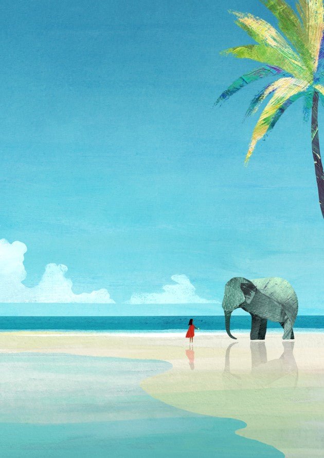 Elephant and person on a beach with palm tree. framed