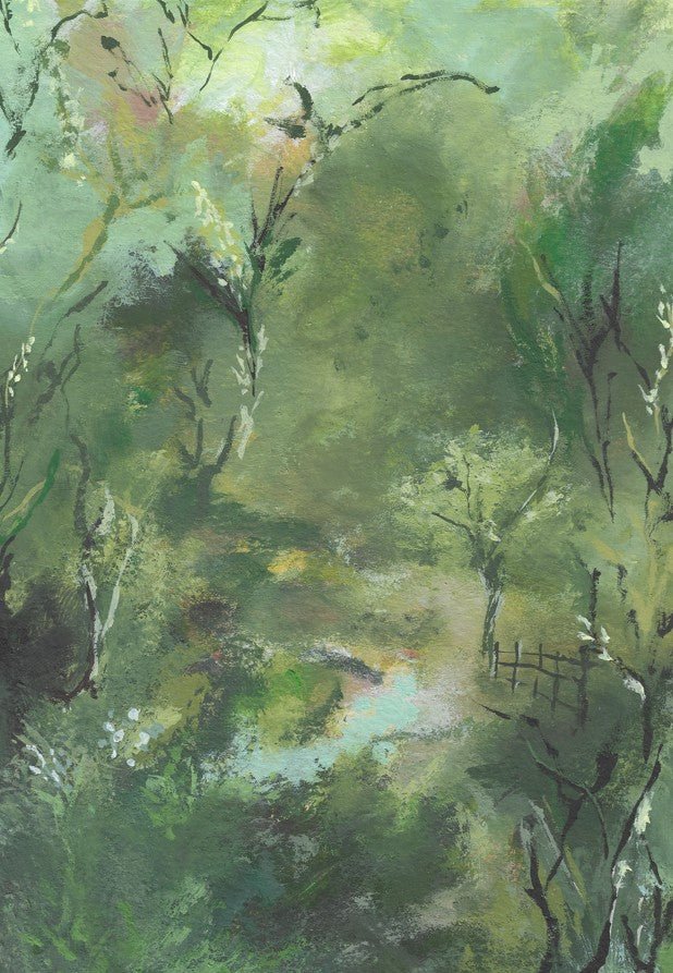 Abstract painting of a forest scene with green and brown tones framed