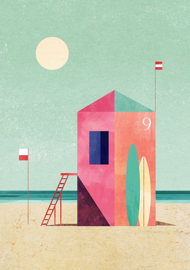 Geometric beach hut on a sandy beach with a colorful sky framed