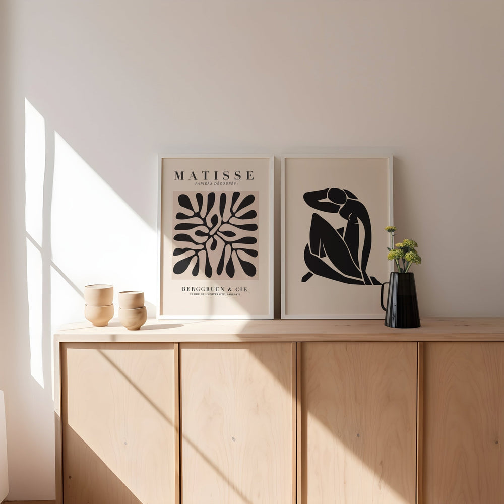 Matisse Coral & Papiers Decoupes Set of 2 Black Prints,gallery wall,white border