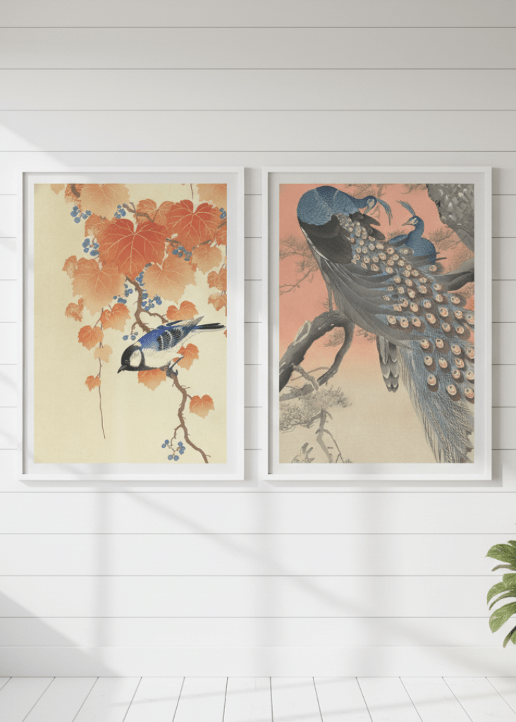 Peacock and Japanese Bird Woodblock Prints Duo by Ohara Koson wall - art - picture - poster