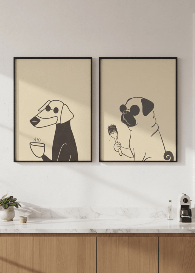 Puppuccino Pug & Morning Coffee Set of 2 wall - art - picture - poster