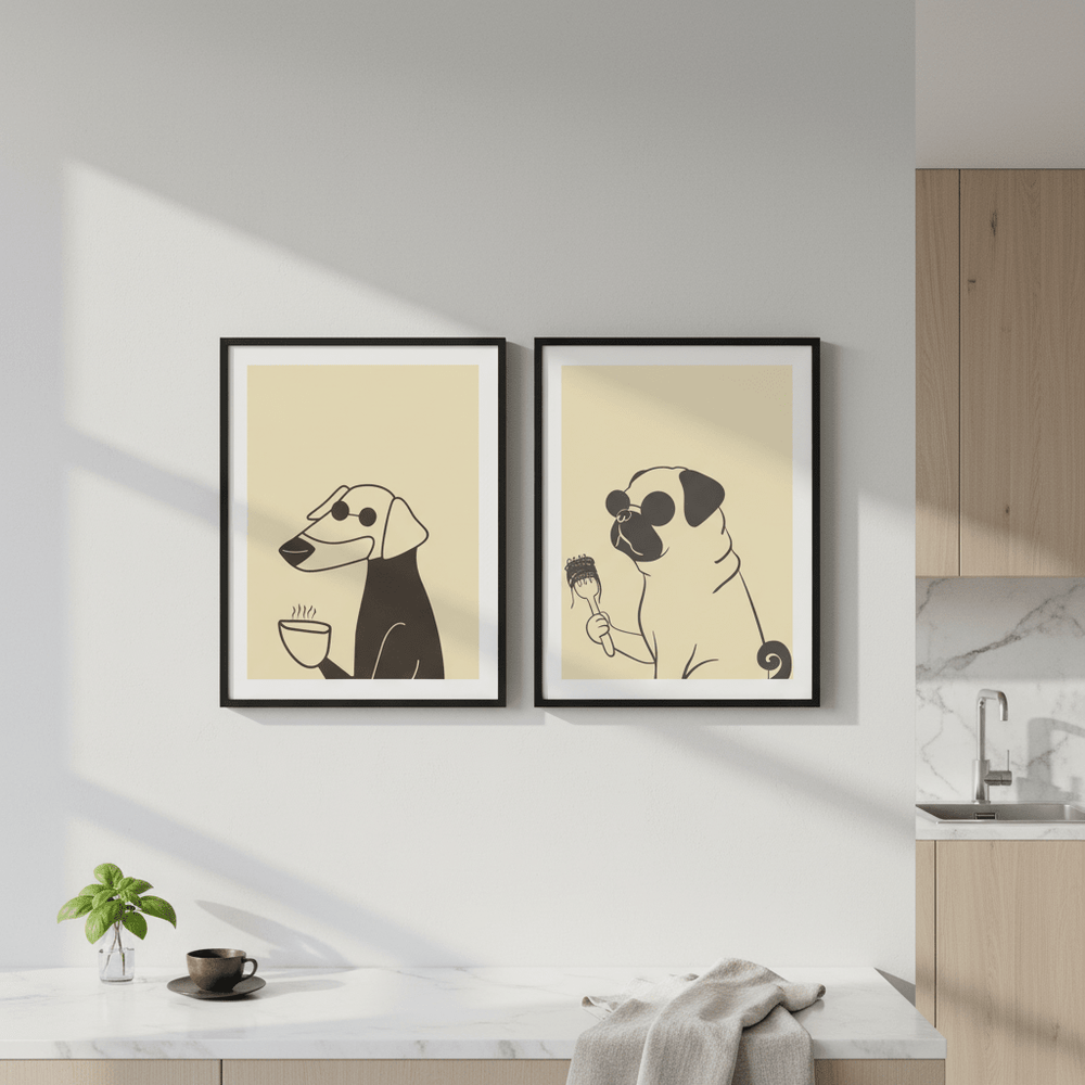 Puppuccino Pug & Morning Coffee Set of 2 wall - art - picture - poster