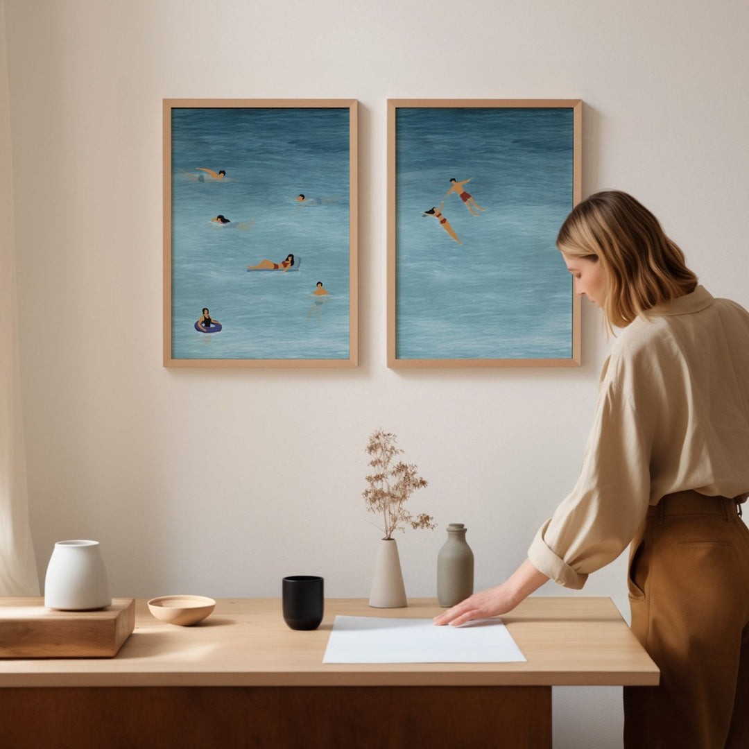 Set of 2 Beach Tranquility Illustration Painting Set wall - art - picture - poster