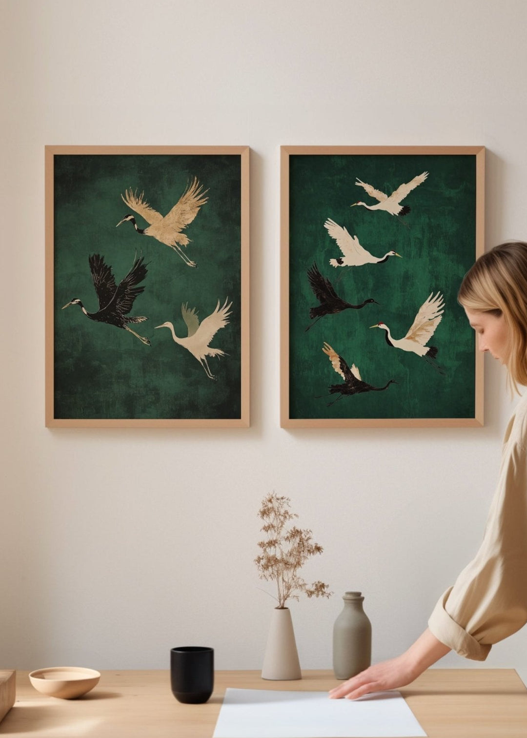 Set of 2 Flying Cranes,livingroom,timber border