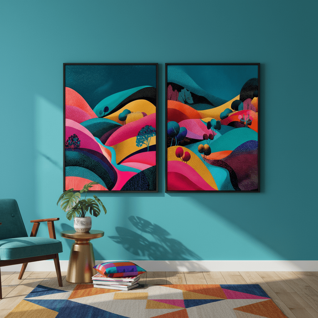 Set of 2 Japanese Evening Pop Art Hills Abstract Flow wall - art - picture - poster