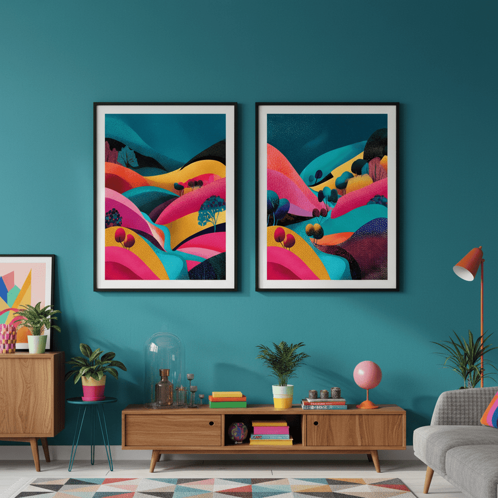 Set of 2 Japanese Evening Pop Art Hills Abstract Flow wall - art - picture - poster