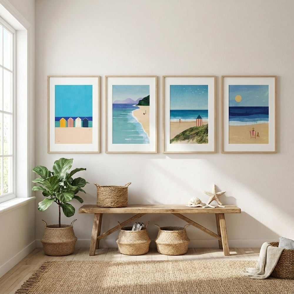 Set of 4 Coastal Beach Painting Prints by Henry Rivers wall - art - picture - poster