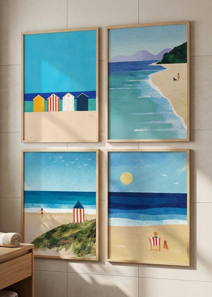 Set of 4 Coastal Beach Painting Prints by Henry Rivers wall - art - picture - poster