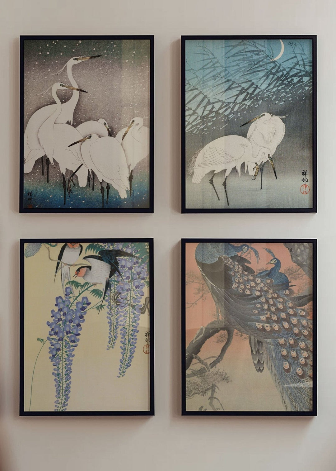 Set of 4 Woodblock Japanese Prints by Ohara Koson wall - art - picture - poster