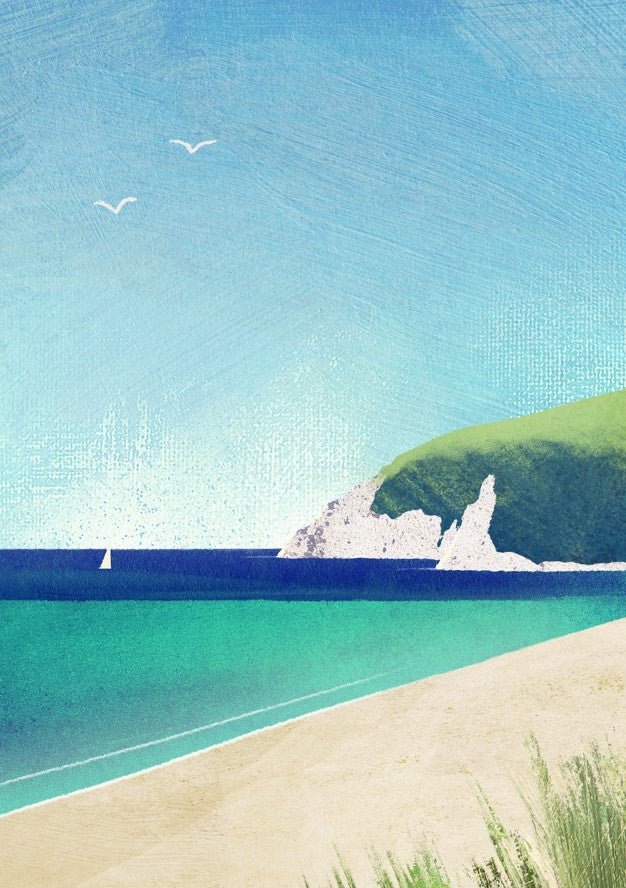 Beach scene with green hill, clear blue sky, and turquoise water. framed