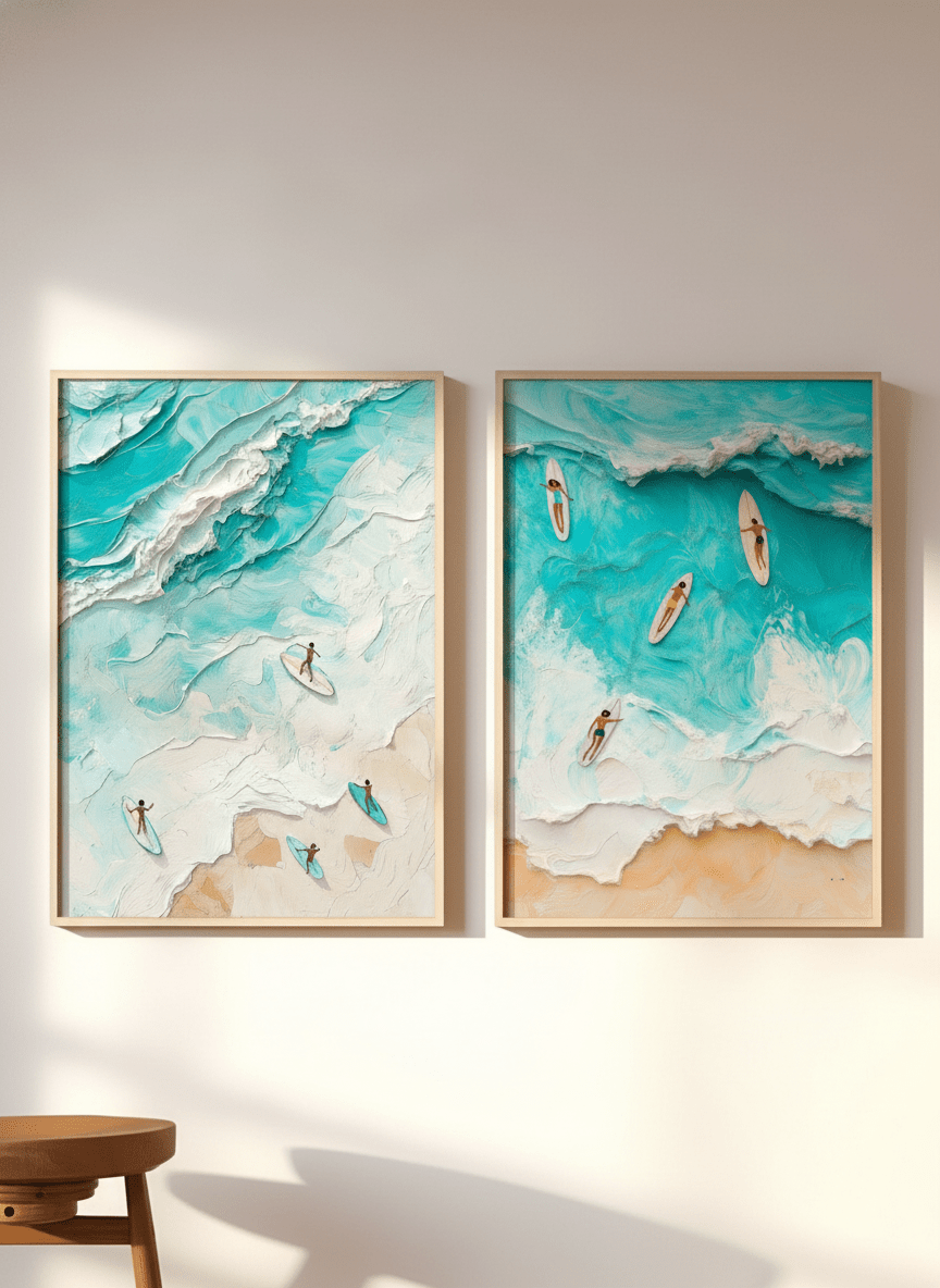 Surf Beach Painting Illustration Set of 2 wall - art - picture - poster