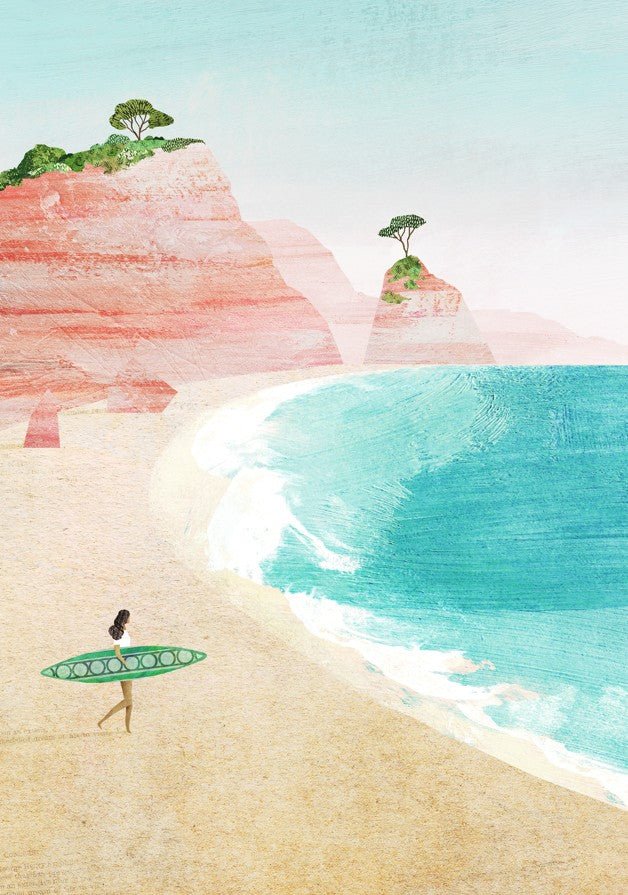 Woman with a green surfboard on a sandy beach with turquoise water and a rocky island in the background. framed