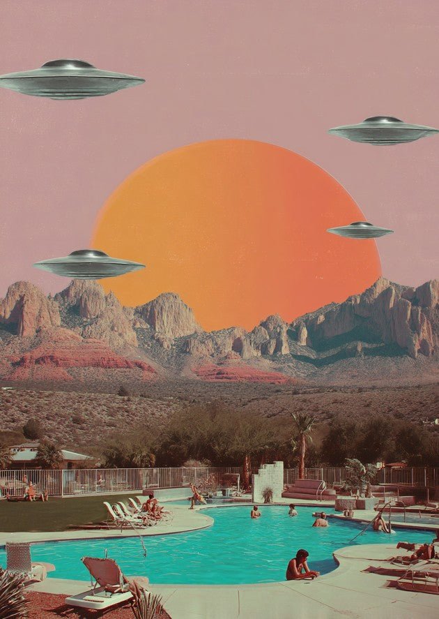 They Came for a Swim Retro Artwork UFO Design Print Wall Art poster frame