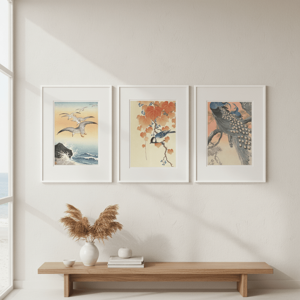 Trio of Japanese Orange Woodblock Bird Prints by Ohara Koson wall - art - picture - poster