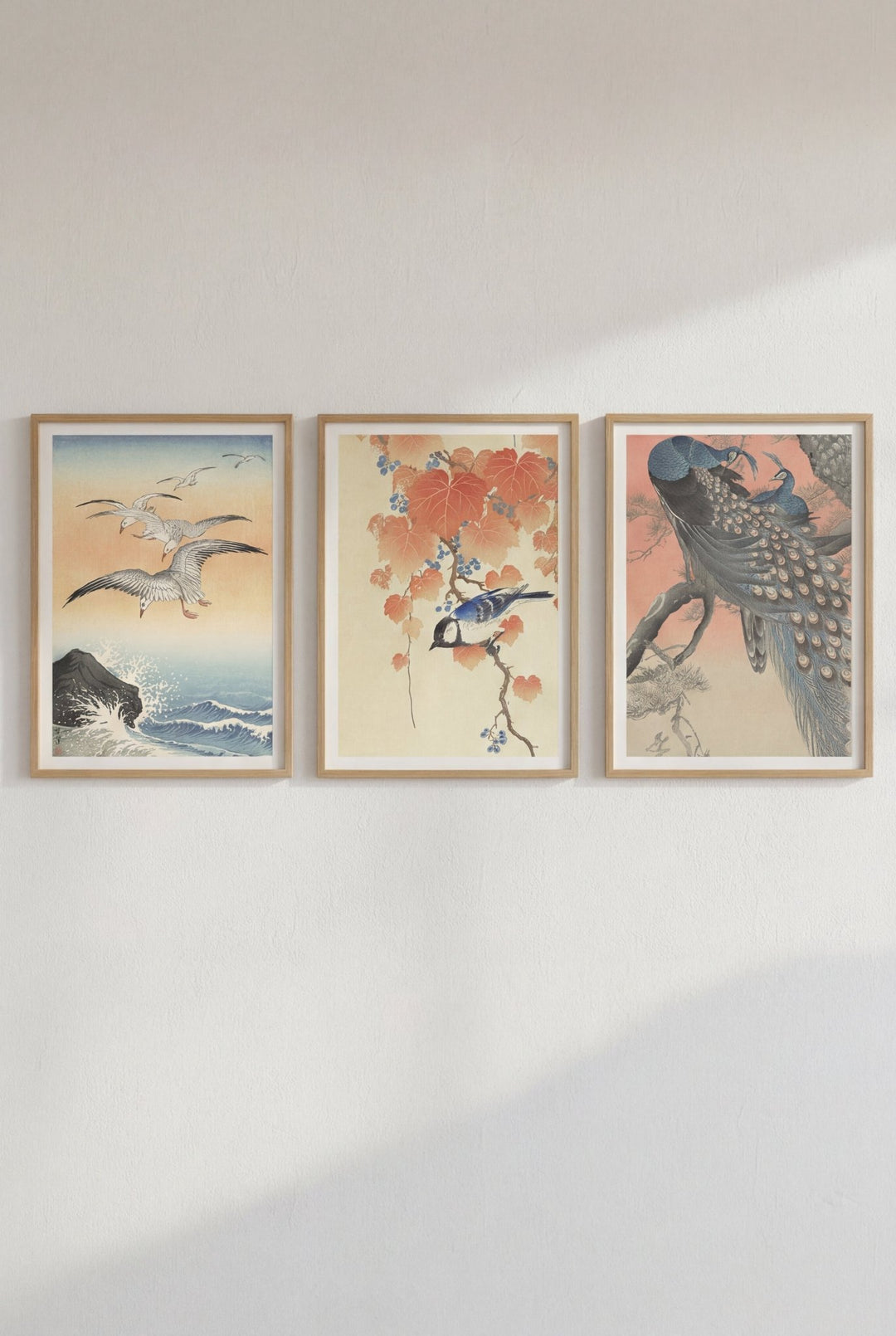 Trio of Japanese Orange Woodblock Bird Prints by Ohara Koson wall - art - picture - poster