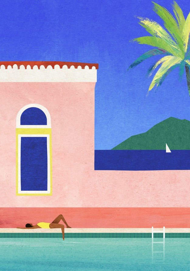 Illustration of a person by a pool with a pink building and palm tree in the background. framed