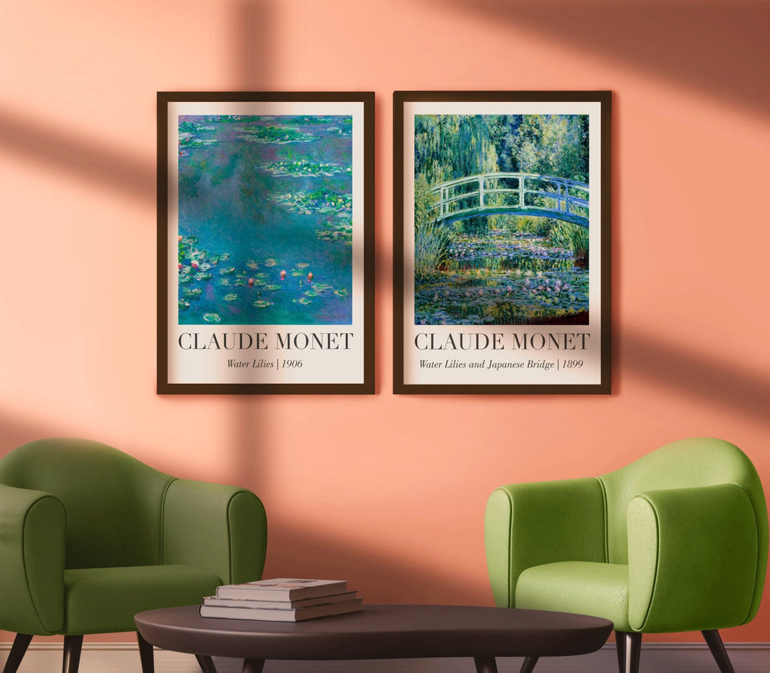 Water Lilies & Japanese Bridge Pair by Monet,livingroom,timber border