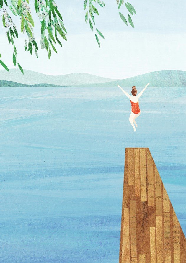 Woman in a red swimsuit jumping off a wooden pier into a blue lake with greenery above. framed